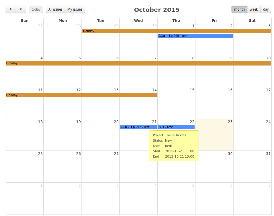 MegaCalendar is a plugin for redmine, which gives you a better overview about your issues and holidays.